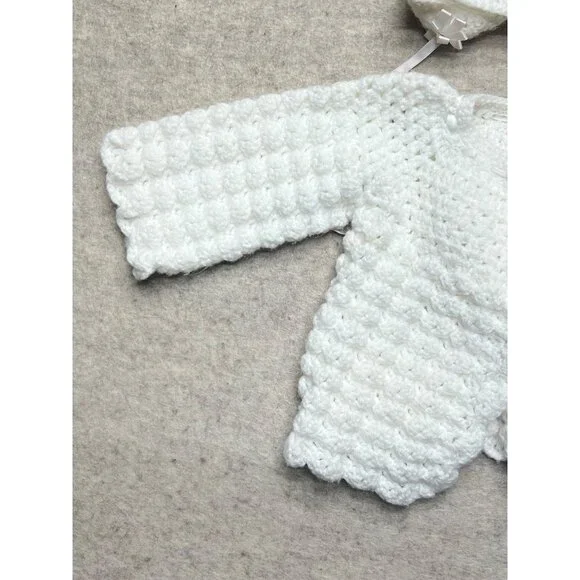 Vintage Handmade White Newborn Knit Cardigan Hat  Infant Sweater Bonnet Cap Set - Picture 3 of 5